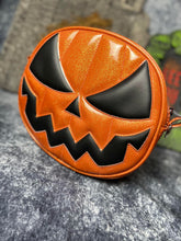 Load image into Gallery viewer, Handcrafted Mean Face glitter Orange and Black Pumpkin Bag