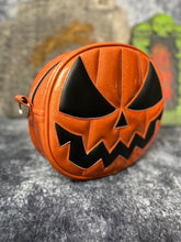 Load image into Gallery viewer, Handcrafted Mean Face glitter Orange and Black Pumpkin Bag