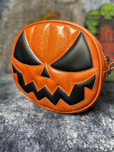 Load image into Gallery viewer, Handcrafted Mean Face glitter Orange and Black Pumpkin Bag