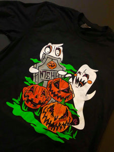 Black t-shirt with two ghosts, 3 jack-o-lanterns and a headstone. 