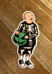 Boy with Skeleton Costume and a Pumpkin Purse sticker with a Wooden Background