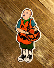 Load image into Gallery viewer, boy with Pumpkin Costume and Pumpkin Purse sticker on wooden background