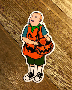 boy with Pumpkin Costume and Pumpkin Purse sticker on wooden background