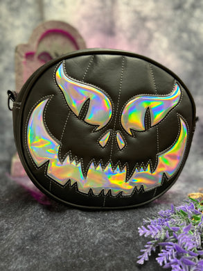 Black Friday sale Handcrafted : Evil Face Pumpkin Black and Silver Holographic