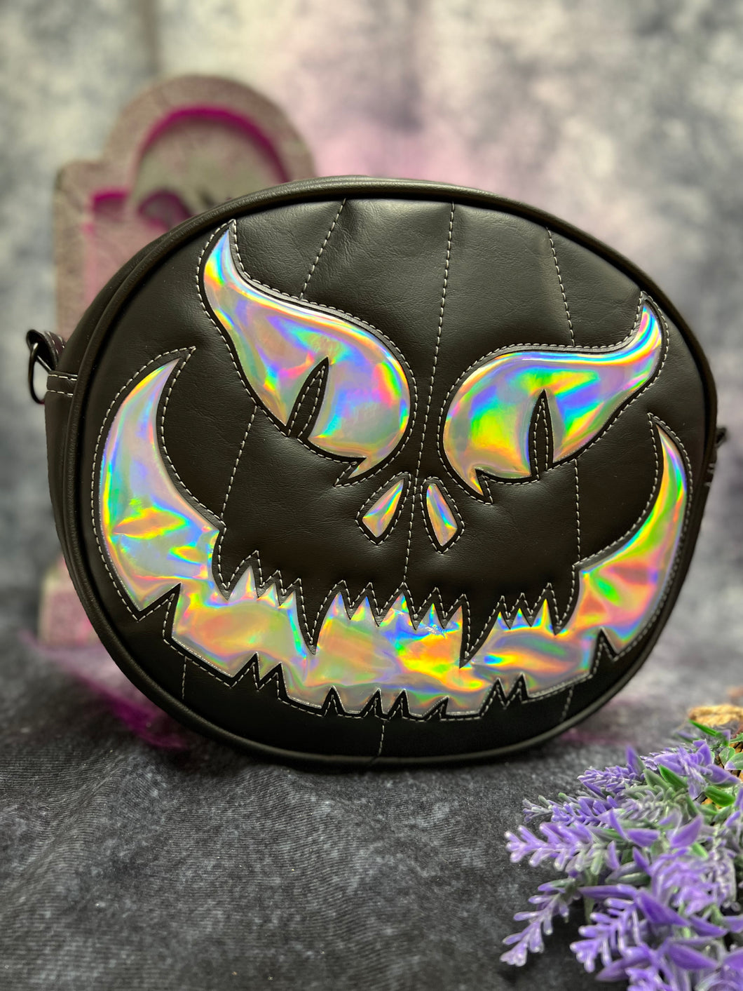 Black Friday sale Handcrafted : Evil Face Pumpkin Black and Silver Holographic