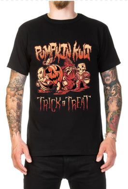 Man with tattoos wearing a black Tee shirt with an image of 4 Trick or treaters marching the Heading says Pumpkin Kult and the foot phrase says trick r' Treat
